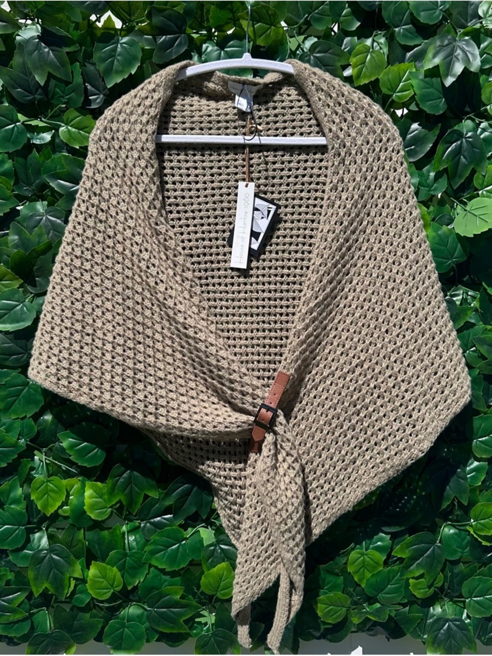 House of Harlow 1960 Open Knit Crochet Shawl Wrap in Taupe